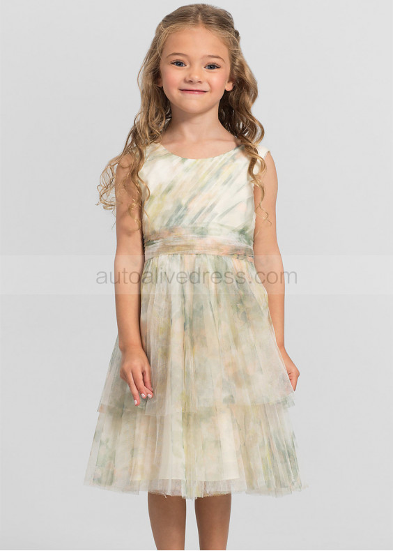 Pleated Ivory Sage Print Tulle Knee Length Flower Girl Dress